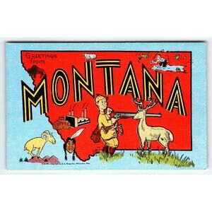 Greetings From Montana Deer Hunter Copper Factory Ram Postcard Map Linen Kropp